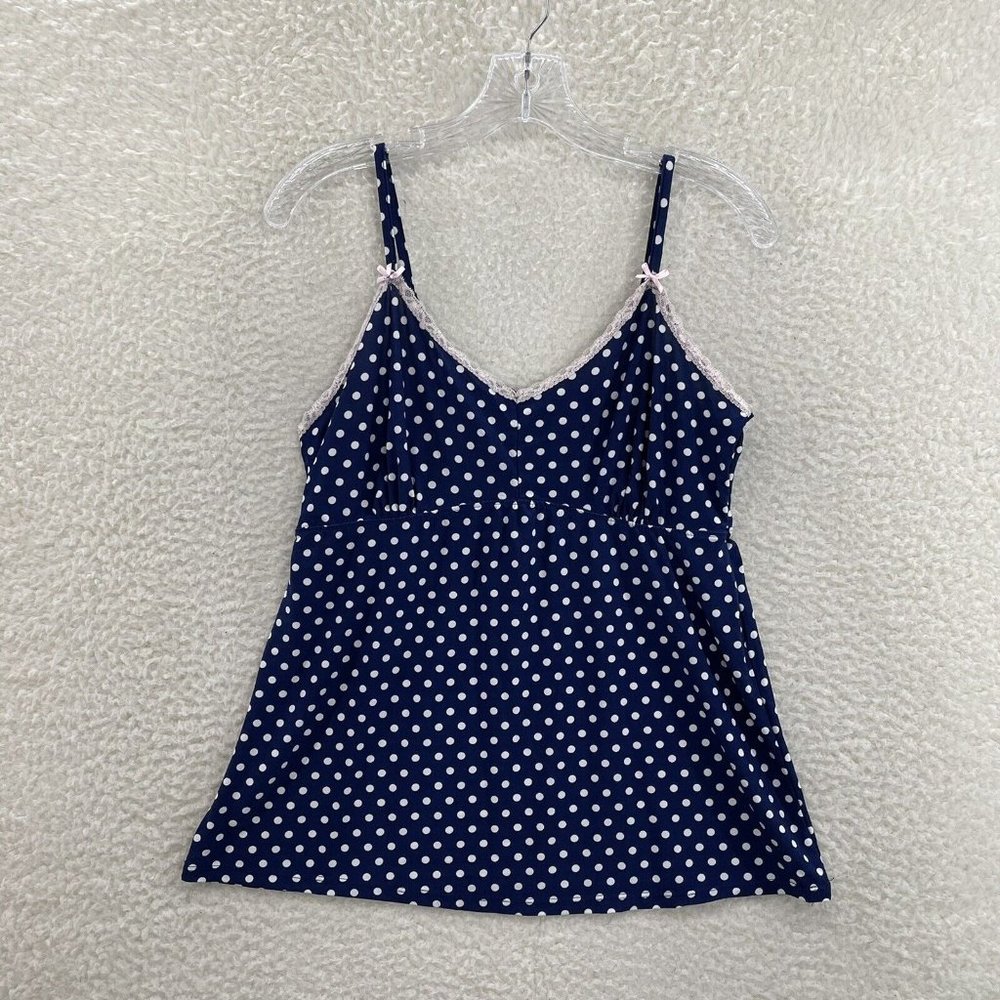 Rene Rofe Navy Blue White Polka Dot Slinky Stretch Lingerie Cami Womens L XL - Picture 1 of 8